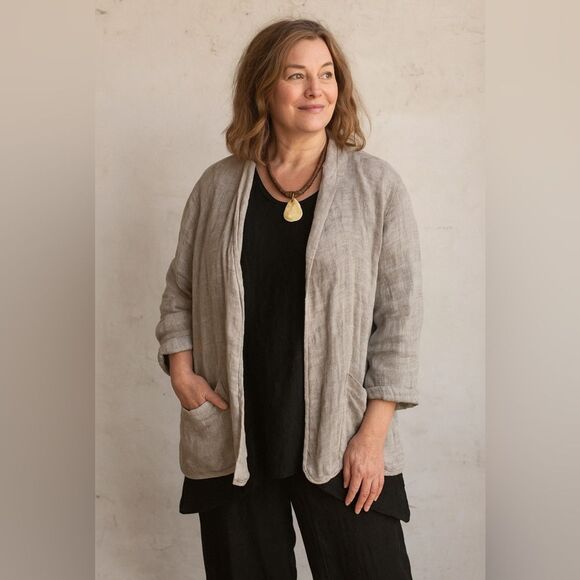 Eileen Fisher  Linen 3/4 Sleeve Kimono Style Open Front Jacket Size M Lagenlook - Picture 1 of 6